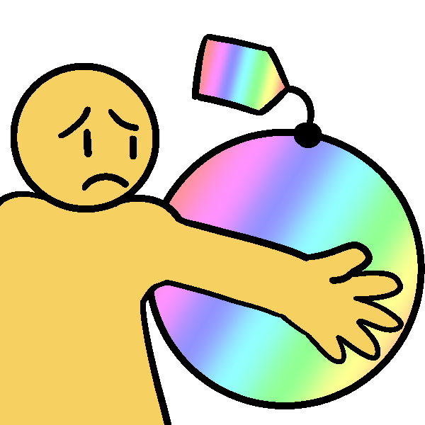  An upset yellow person looking at their arm, with a pastel rainbow circle around it. There is a rainbow tag hanging off of the circle.